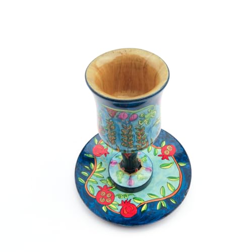 Large Wooden Kiddush Cup and Saucer Set with Seven Species Design