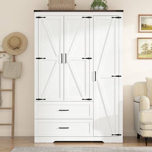 Farmhouse Wooden Wardrobe Armoire with 3 Doors and 2 Drawers, 70.1-Inch