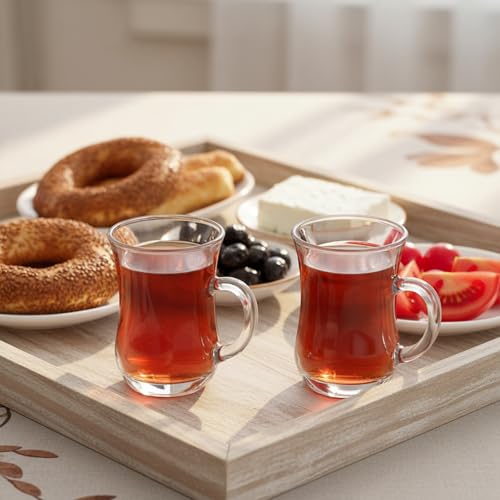 Suwimut Set of 6 Turkish Tea Glasses with Handles - 5 oz Clear Tulip-Shaped Cups for Hot & Cold Beverages