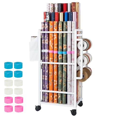 Rolling Gift Wrapping Paper Storage Cart with Adjustable Rods