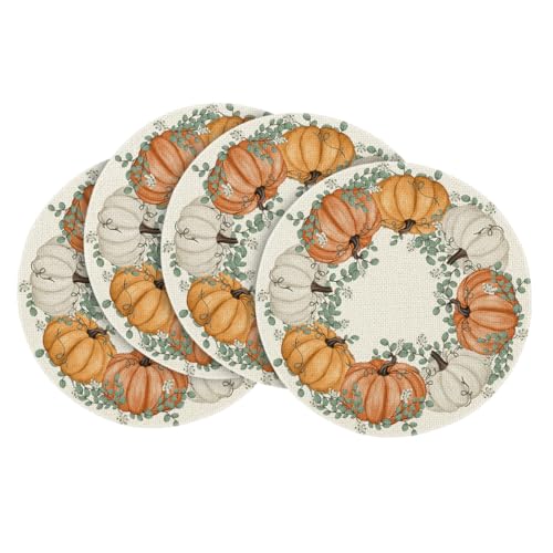 Artoid Mode Pumpkin Eucalyptus Round Fall Placemats Set of 4 - 14 Inch Beige & Orange