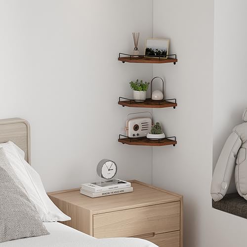 3-Pack Rustic Floating Corner Wall Shelves with Fence, Brown Wood Finish