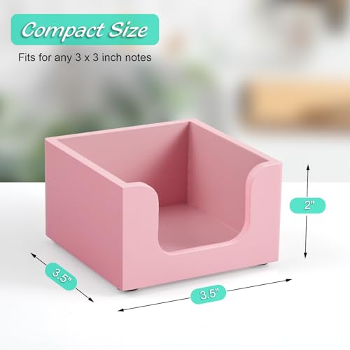 Wooden Sticky Note Holder 3x3 Inch Pink Desk Dispenser Organizer