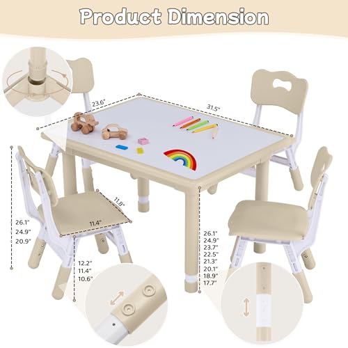 GITAWUSA Toddler Table & 4 Chairs Set, Height Adjustable, 31.5x23.6 Beige, Kids Play & Study