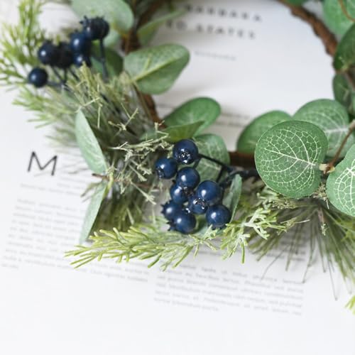 Artificial Norfolk Pine Candle Ring with Blue Berries, 12-Inch Christmas Decor