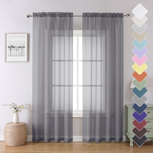 Charcoal Grey Sheer Voile Curtains 84 Inches Long - 2 Panel Set (40" x 84")