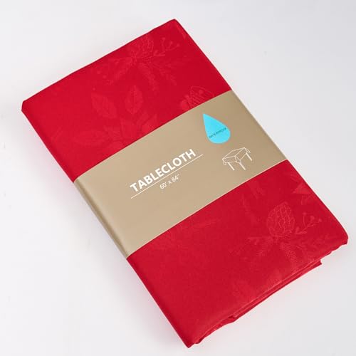 EFFICINATURE Red Jacquard Oval Tablecloth 60x84 Inches Waterproof & Washable