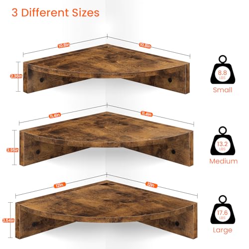 3-Tier Floating Corner Shelves with Cord Management, Rustic Wood Wall Mount