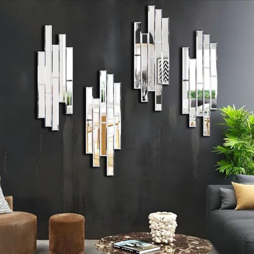 Set of 4 Beveled Wall Mirrors - 24x8 Inch Decorative Silver Glass Panels