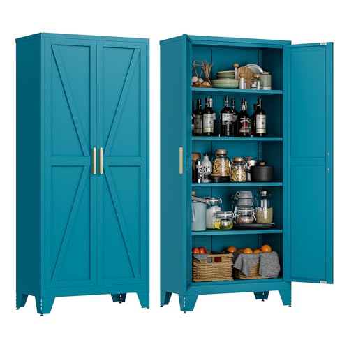 71-Inch Tall Metal Storage Cabinet with 4 Adjustable Shelves, Blue