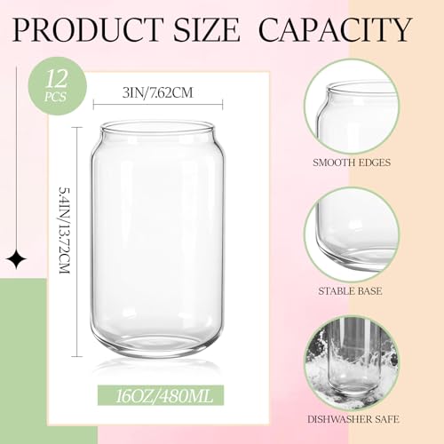 Set of 12 Can Shaped Drinking Glasses, 16 oz Clear Glass Tumblers
