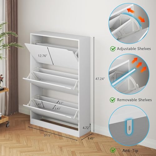 Freestanding Wood Shoe Cabinet with 3 Flip Drawers - White Entryway Storage