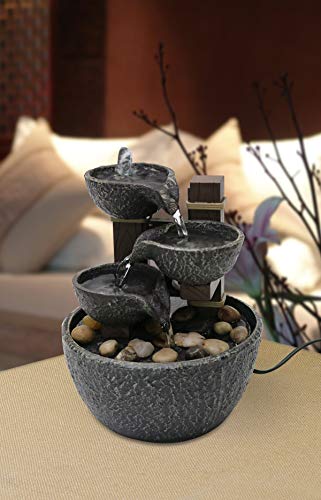 7-Inch Tiered Rock Bowl Tabletop Water Fountain with Natural River Rocks