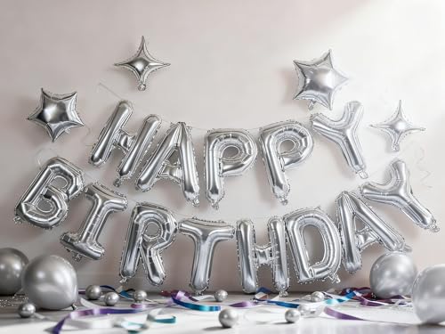 Silver Happy Birthday Foil Balloon Banner with Star Decorations