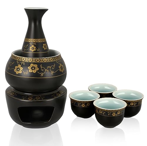 PUNNIO Black Japanese Sake Set with Warmer - 7pcs Ceramic Sake & Soju Gift Set