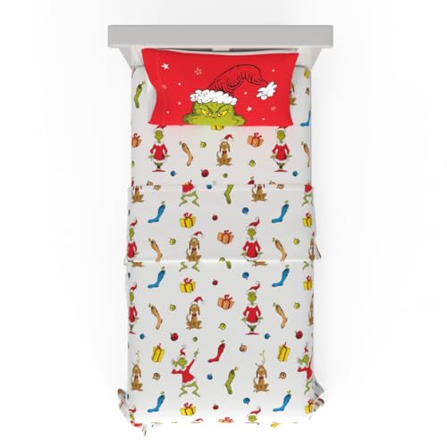 Grinch Twin Sheet Set - Franco The Grinch Officially Licensed 3-Piece Microfiber Bedding (Grinch Greetings)