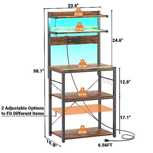 5-Tier Bakers Rack with Power Outlet, RGB LED Lights, and Storage Shelves