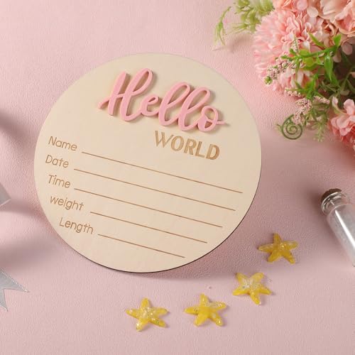 Wooden Hello World Baby Announcement Sign - Newborn Birth Name Plaque
