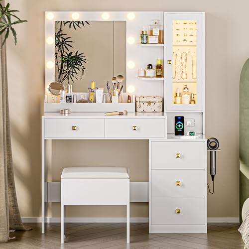 Makeup Vanity Desk with Lighted Mirror, RGB Glass Cabinet and Stool