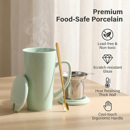 Mint Green Porcelain Tea Mug with Infuser, Lid & Spoon, 15oz - MIWARE