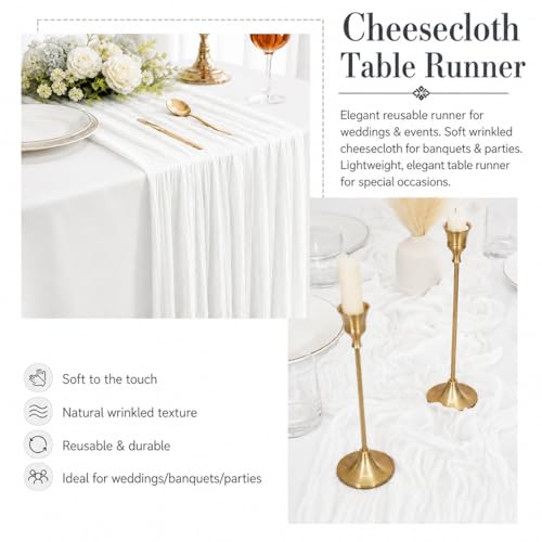 12 Pack White Cheesecloth Table Runners, 17x108 Inch Boho Gauze Table Decor