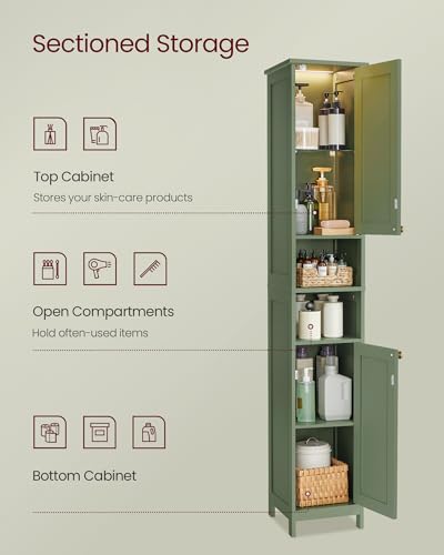Slim Tall Storage Cabinet with Lights & Adjustable Shelves, Forest Green