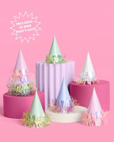 10-Piece Iridescent Mini Party Hats with Foil Fringe and Elastic Strap