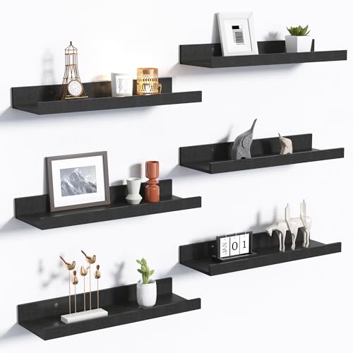 Black Floating Shelves Set of 6 - 15.7 Inch Wall Mounted Wood Shelves