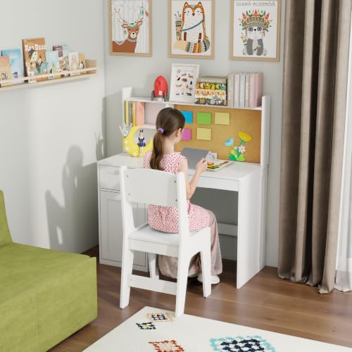 Kids Study Desk and Chair Set with Storage Hutch for Ages 5-12