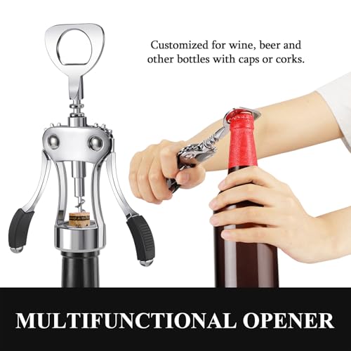 KORCCI Silver Heavy-Duty Zinc Alloy Wing Corkscrew & Bottle Opener - Multifunctional Wine Accessory