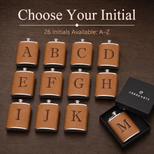 CARAKNOTS Leather Flask for Men J - 8 oz Groomsmen Wedding Gift
