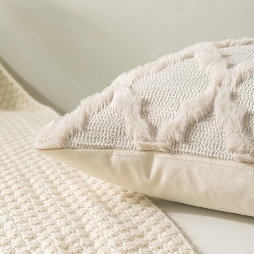 Set of 2 Moroccan Faux Fur Throw Pillow Covers 18x18 Inch Beige Boho