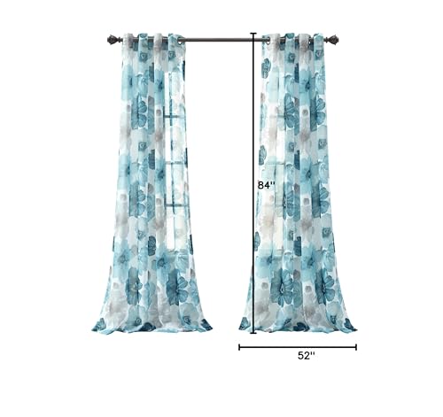 Lush Decor Leah Floral Sheer Window Curtain Panels Pair 52"W x 84"L Blue - Floral Curtains for Bedroom - Sheer Curtains for Living Room