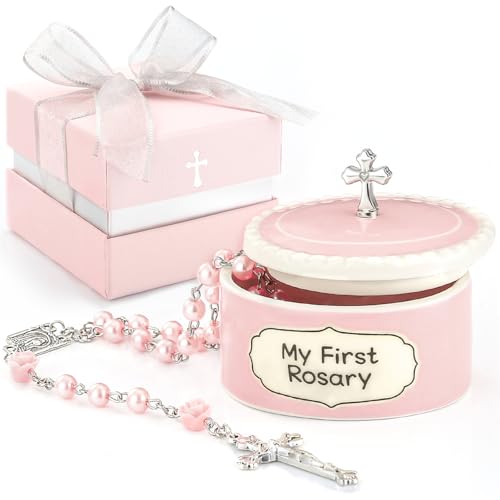 Baby Girl Baptism Gift Set - Pink Rosary with Ceramic Keepsake Box
