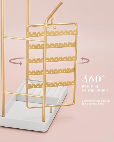 Rotating Jewelry Stand Organizer with 5-Tier Earring Holder and Ring Tray
