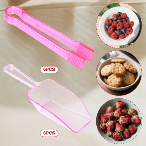 Hmxpls 12Pcs Clear Pink Plastic Ice Tongs & Scoops Set for Food & Candy Buffets