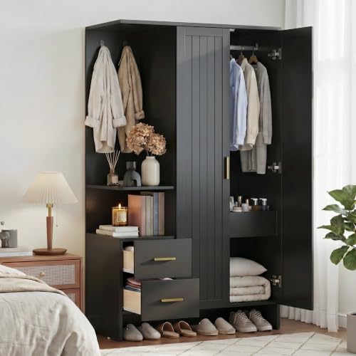 Modern Freestanding Wardrobe Closet with 2 Doors, 2 Drawers & Open Shelves