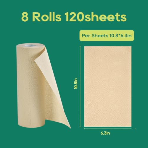 Bamboo Kitchen Paper Towels - 2-Ply Absorbent Tree-Free Towels (8 Rolls)