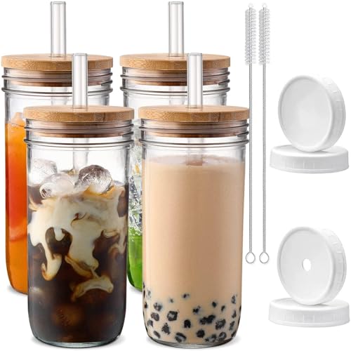 24 oz Glass Mason Jar Cups with Lids and Straws - 4 Pack Iced Coffee Set