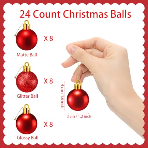 Small Red Christmas Ornaments - 24 Pack 1.2 Inch Shatterproof Mini Tree Balls