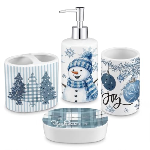Blue Snowman Bathroom Accessories Set - Ceramic 4-Piece Christmas Decor