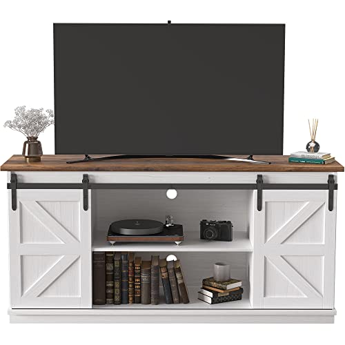 Farmhouse TV Stand with Sliding Barn Doors for 65 Inch TVs, White