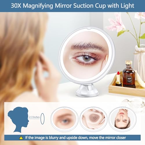 B Beauty Planet 30X Lighted Magnifying Makeup Mirror White-3AAA, 360° Swivel, Suction Cup