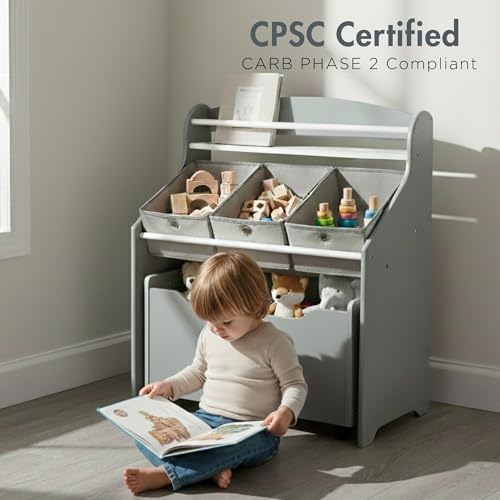 3-in-1 Kids Bookshelf and Rolling Toy Storage Organizer with Fabric Bins
