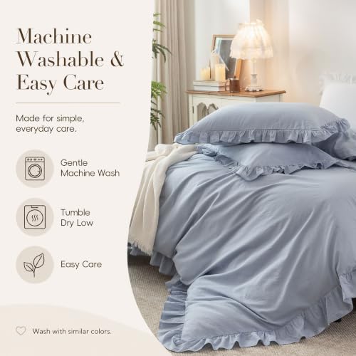 Ruffle Duvet Cover Set Queen - 100% Washed Cotton, 3 Pieces