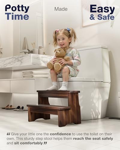 Two-Step Acacia Wood Stool - Heavy Duty Bedside Step Stool, 450 lbs