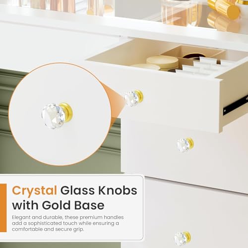 11-Drawer Vanity Desk with LED Mirror, Glass Top, and Charging Station