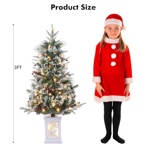 Garvee 3ft Pre-Lit Artificial Christmas Tree with Snow Flocked Branches, 78 Warm White Lights & Snowflake Base - Fiber Snowflake 2 PCS