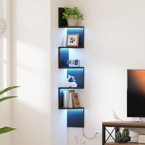 5-Tier Corner Wall Shelf with RGB LED Lighting, 49-Inch Floating Display