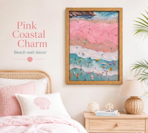 Framed Pink Coastal Beach Surfer Canvas Wall Art 8x10 Inch Print